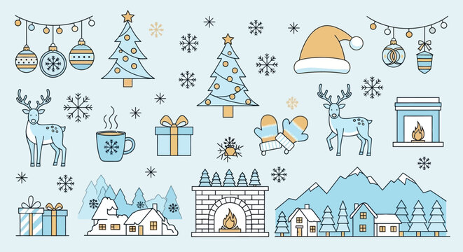 Collection of Christmas and winter holiday elements including decorated trees, snow, deer, presents, and cozy scenes for festive design projects