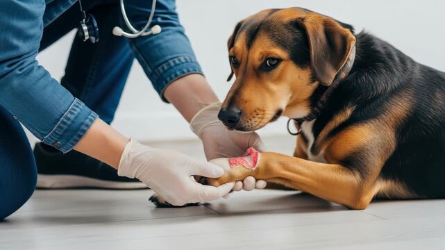 person in denim wearing gloves kneels to gently examine brown and black dogs paw with red dressing A stethoscope hangs from their neck The dog lies patiently