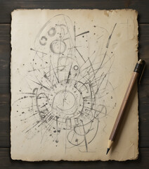 Random pencil marks on handmade paper with pen on dark wood