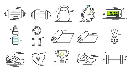 Comprehensive collection of modern line art fitness and sports equipment icons, perfect for representing an active lifestyle, gym workouts, health, and athletic