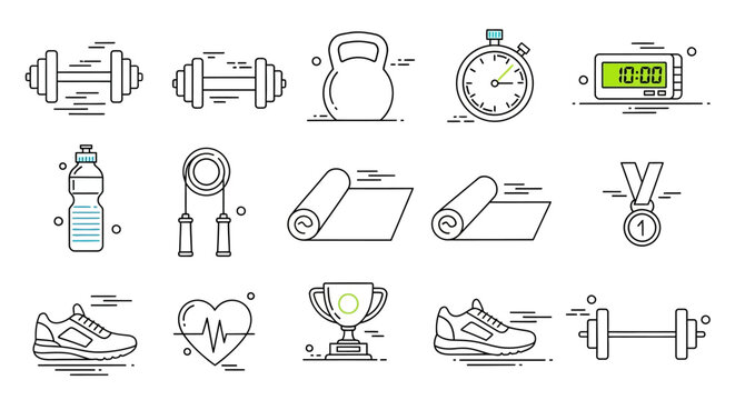 Comprehensive collection of modern line art fitness and sports equipment icons, perfect for representing an active lifestyle, gym workouts, health, and athletic
