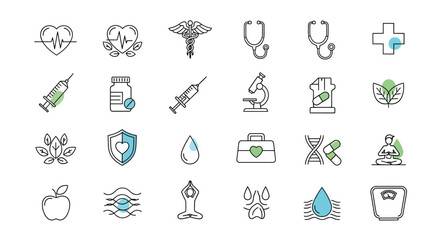 Fototapeta premium Collection of health and wellness icons in outline style, perfect for medical presentations, promoting well-being, and fitness
