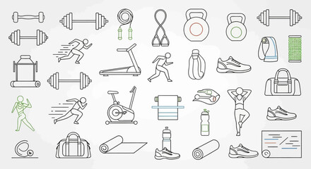 Fototapeta premium Collection of fitness and workout icons dumbbells, running, treadmill, exercise bike, yoga, healthy lifestyle, gym equipment