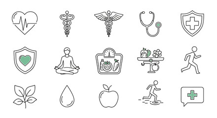 Essential health and wellness icons depicting medical symbols, healthy lifestyle choices, and overall well-being for various design projects