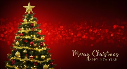 Red Christmas tree with lights and star decoration on a red background for a holiday greeting card designRed Christmas tree with lights and star decoration on a red background for a holiday greeting 
