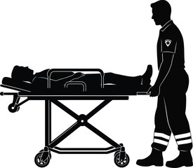 Paramedic transporting injured person on stretcher silhouette emergency medical services vector © SAIF820