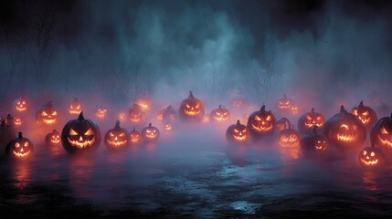 Fototapeta premium Haunting neon pumpkins illuminate an enchanted halloween night. Majestic beauty. Glowing pumpkins and lanterns cast an eerie neon light for halloween. Advertising photo. High-end fashion.