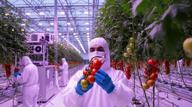 worker in sterile white suit and blue gloves holds ripe and unripe tomatoes in vast indoor farm Rows of tomato plants thrive under purple grow lights with others harvesting