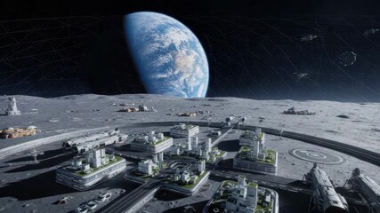 futuristic moon colony thrives under vast geodesic dome Modular green-roofed buildings roads with vehicles large spacecraft and flying craft populate the lunar surface with Earth visible in the star-f - Powered by Adobe