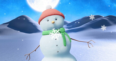 Image of snow falling over snowman waving hand