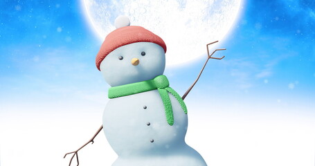 Image of snow falling over snowman waving hand