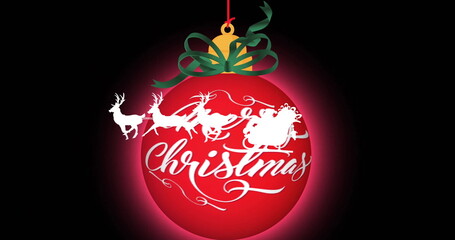 Image of christmas text on red bauble with christmas decorations and santa claus