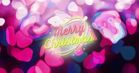 Image of merry christmas text over neon pattern background