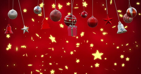 Image of christmas baubles decoration and stars on red background