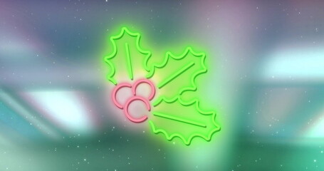 Image of christmas neon holly decoration over blue background
