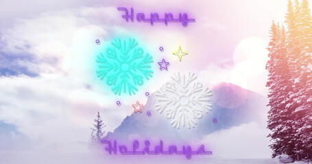 Image of happy holidays text with neon shapes over winter landscape at christmas