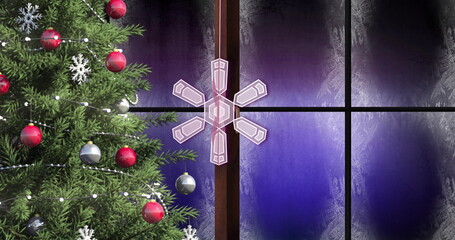 Obraz premium Snowflake image over wooden door with golden handles