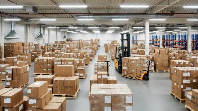 spacious well-lit warehouse filled with countless brown cardboard boxes on wooden pallets A yellow forklift and pallet jack operate amidst rows of industrial shelving under fluorescent lights