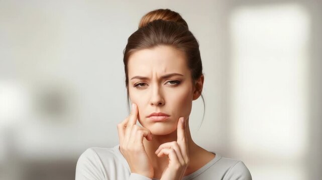concerned young woman with brown hair in bun wears grey top frowning deeply while pressing her index fingers to her cheeks She appears thoughtful or worried against blurred backdrop