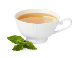 Aromatic tea with lemon in cup and mint isolated on white
