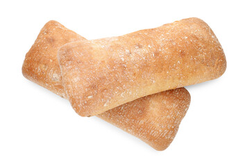 Two tasty fresh ciabattas isolated on white, above view