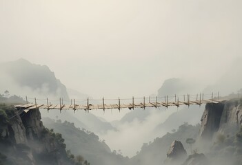 Torn paper bridge over foggy mountainous valley