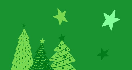 Fototapeta premium Image of stars over christmas trees on green background