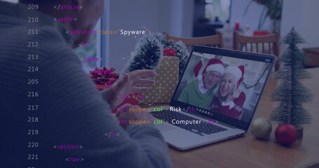 Image of data processing over caucasian man having christmas image call with family