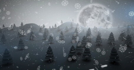 Naklejka premium Image of snow falling over winter scenery and full moon background