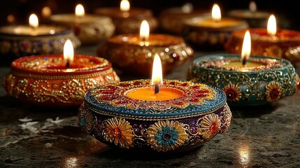 Many lit candles in decorative holders on a dark surface.