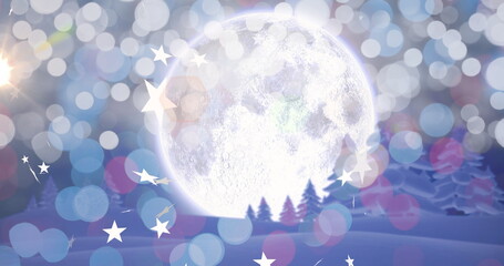 Naklejka premium Image of stars and light spots over winter landscape with trees and moon at christmas