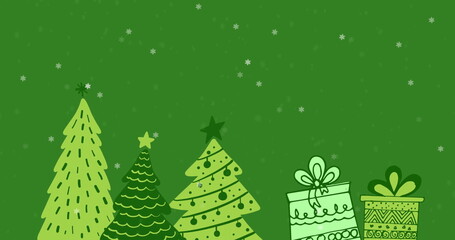 Image of snow falling over christmas trees and presents on green background
