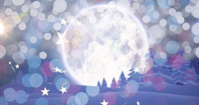 Naklejki Image of stars and light spots over winter landscape with trees and moon at christmas