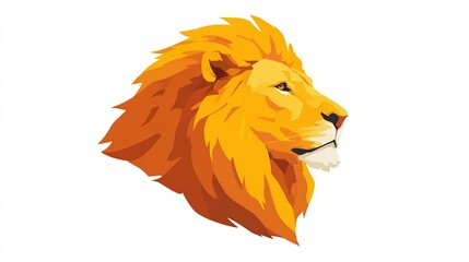 A vibrant golden lion head in profile, with textured mane and face, set against a clean white background