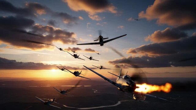 squadron of vintage propeller planes flies amidst dramatic sunset sky One aircraft in the foreground fires emitting bright muzzle flash and smoke over landscape with winding river