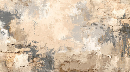Distressed old wall texture with peeling paint layers and cracked plaster. Rough, weathered surface featuring a mix of neutral beige, brown, and grey tones. Ideal for rustic backgrounds, graphic de