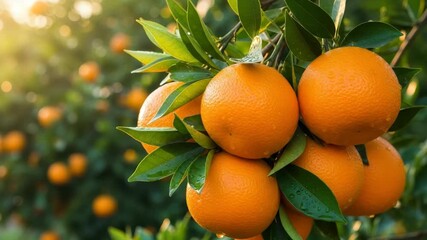 Vibrant ripe oranges covered in dew drops hang from lush green branch in sun-drenched grove Golden hour light illuminates the fruit and foliage warm fresh and abundant scene - Powered by Adobe