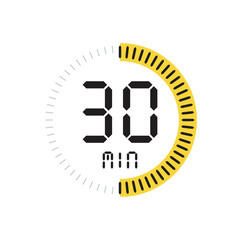 Yellow digital timer icon displaying 30 minutes, a half-hour