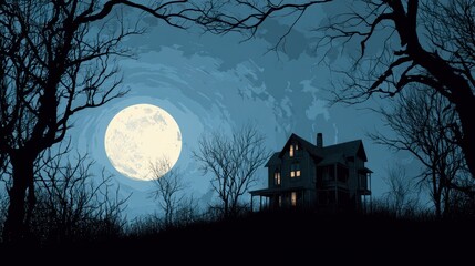 Classic haunted house silhouette against full moon and swirling eerie night sky with bare tree branches framing scene for spooky story covers seasonal event invitations and Halloween imagery concept.
