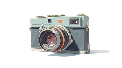 Stylized, retro camera illustration against white, showcasing the lens and details in a flat-design style