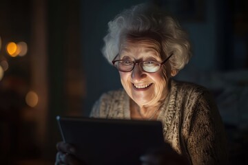 Elderly woman with joyful smile using modern digital tablet for video chat with family in cozy dimly lit room for senior living technology connection and staying connected communication concept.