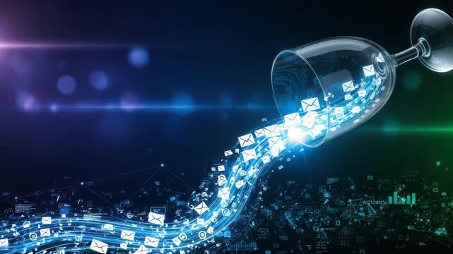 glass tipped releases brilliant river of luminous envelope symbols flowing into detailed digital landscape with intricate connectivity patterns all set against dynamic blue-to-green gradient backdrop