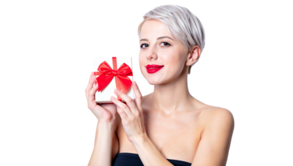 Celebrating joyful moments woman with gift box studio setting portrait photography bright background happiness
