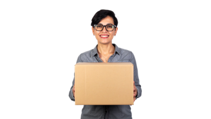 Person holding package studio portrait image front view delivery concept