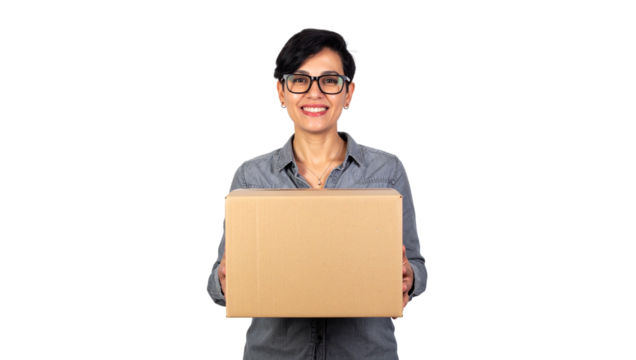 Person holding package studio portrait image front view delivery concept
