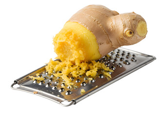 Ginger root being grated with visible strands and juice caught in a metal grater, isolated on white or transparent background. PNG