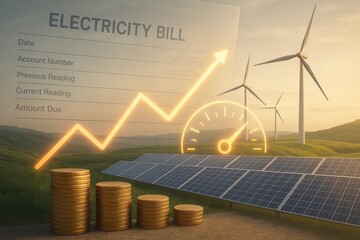 Energy cost surge visualized red graph rising against wind and solar transition landscape