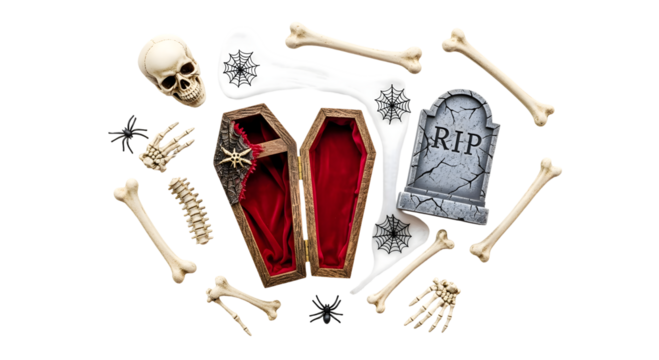 Halloween decorations: coffin, skull, bones, tombstone, spiders, and spiderwebs Isolated on transparent background, png