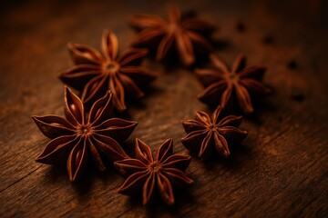 Star anise spice cluster on rustic board aromatic pods with warm moody top light