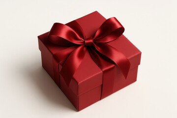 Obraz premium Luxury red gift box with satin ribbon and soft shadows isolated on pure white background